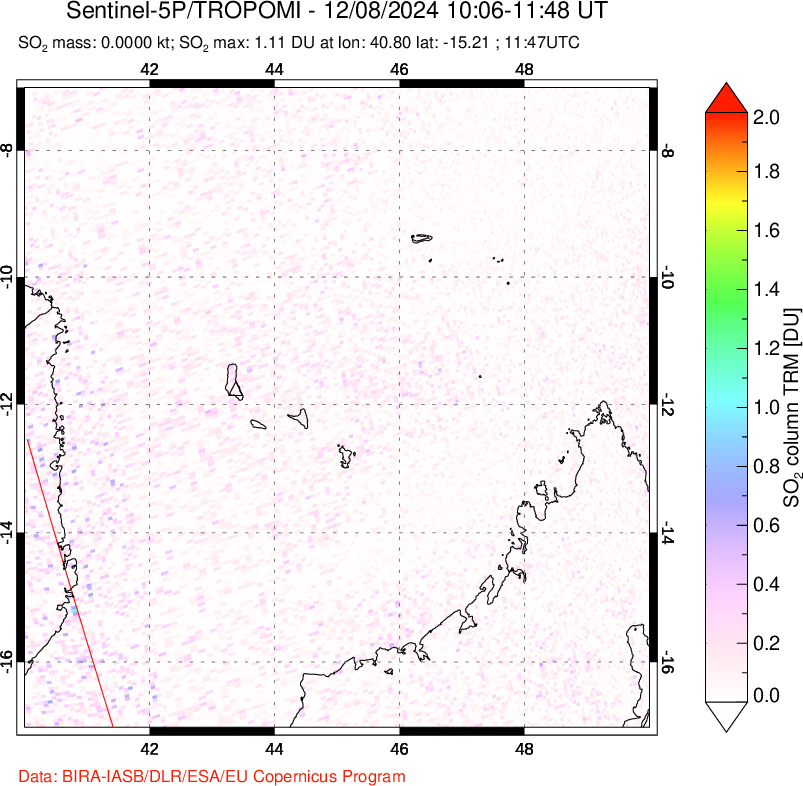 A sulfur dioxide image over Comoro Islands on Dec 08, 2024.