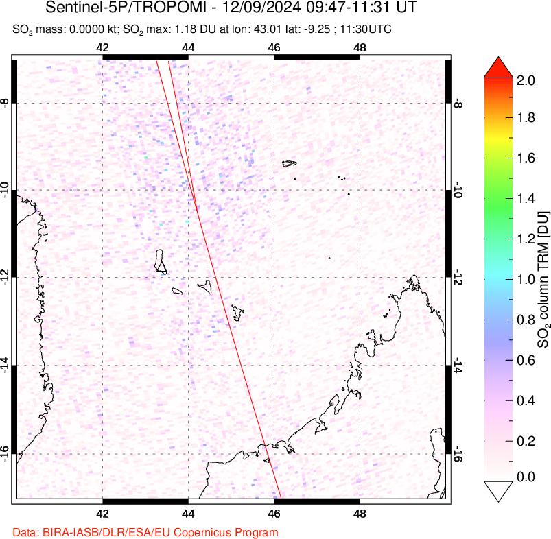 A sulfur dioxide image over Comoro Islands on Dec 09, 2024.