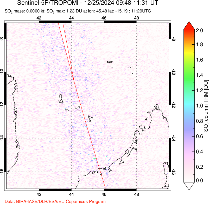 A sulfur dioxide image over Comoro Islands on Dec 25, 2024.