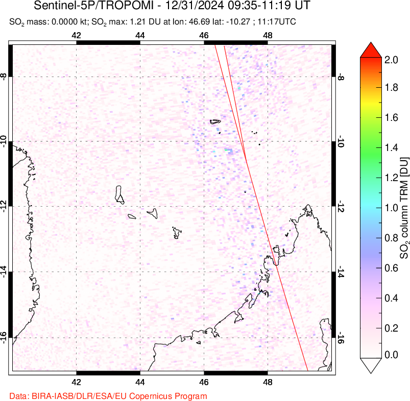 A sulfur dioxide image over Comoro Islands on Dec 31, 2024.