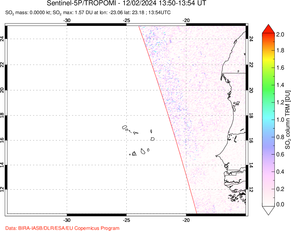 A sulfur dioxide image over Cape Verde Islands on Dec 02, 2024.