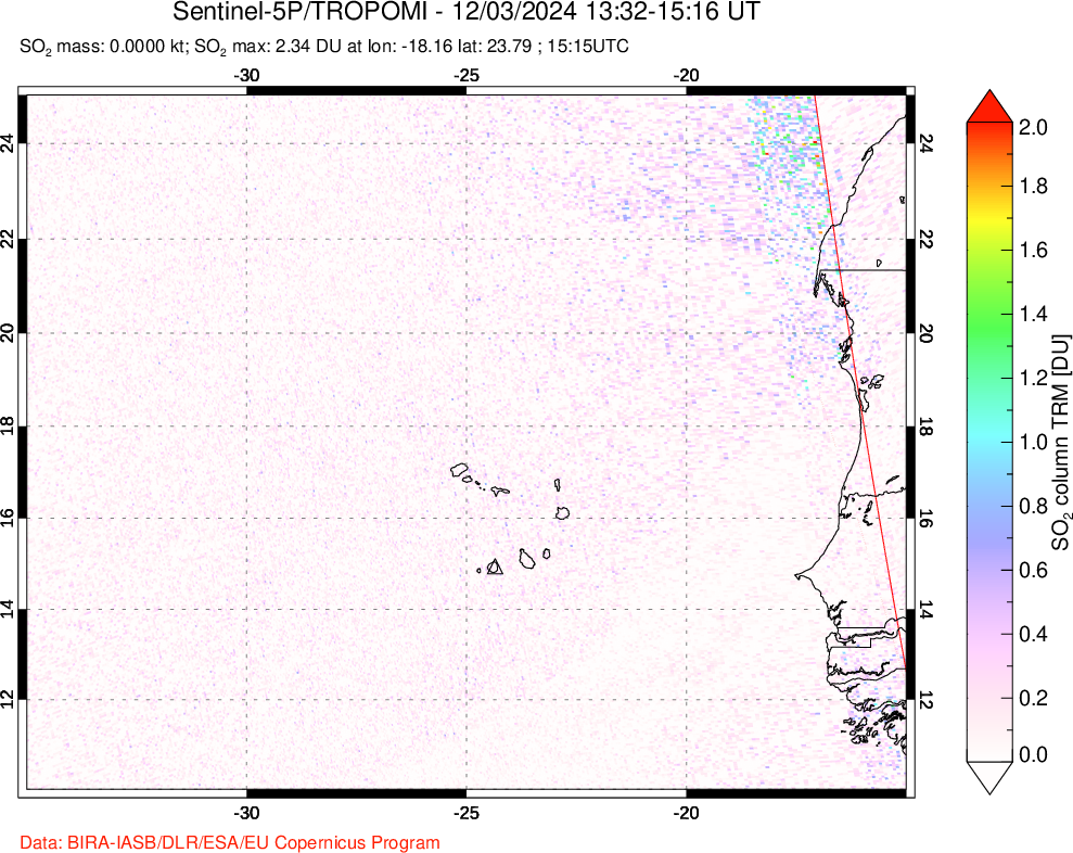 A sulfur dioxide image over Cape Verde Islands on Dec 03, 2024.