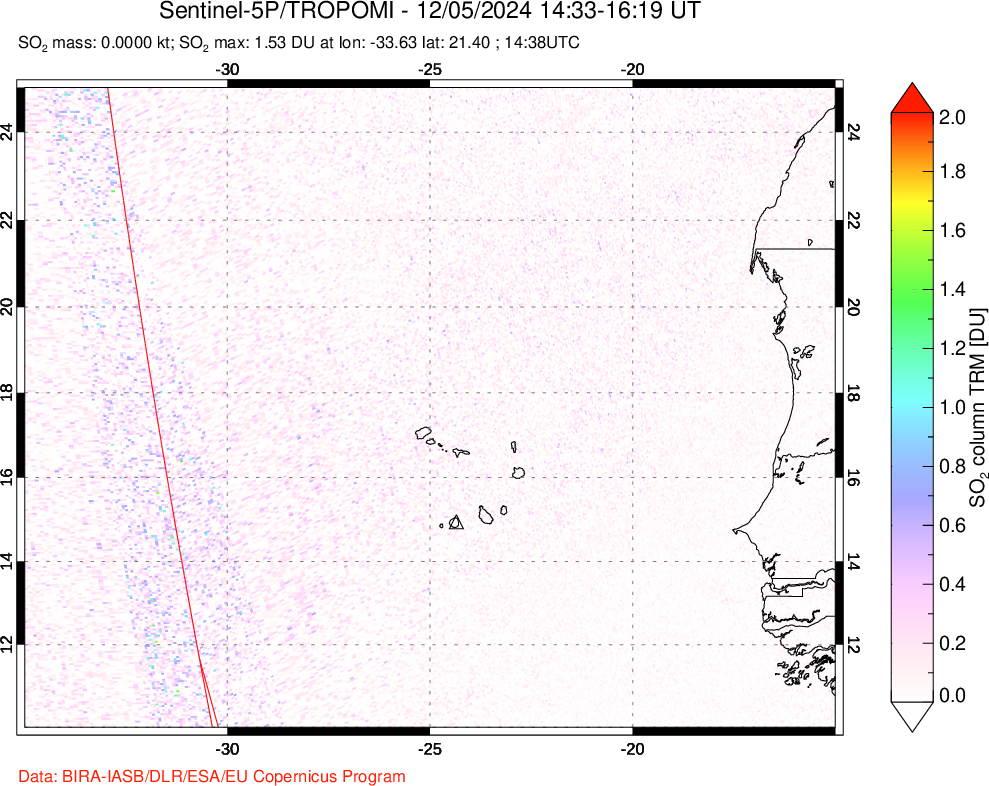 A sulfur dioxide image over Cape Verde Islands on Dec 05, 2024.