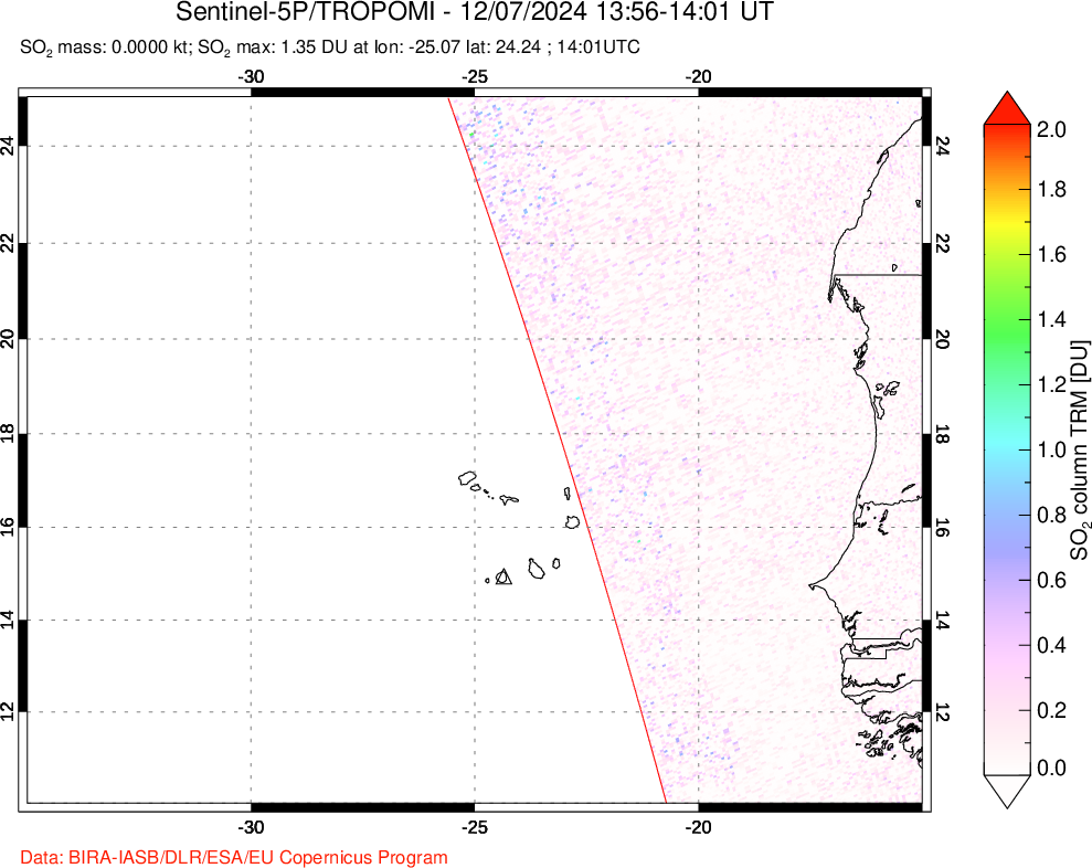 A sulfur dioxide image over Cape Verde Islands on Dec 07, 2024.