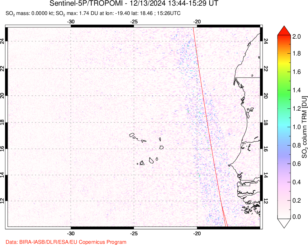 A sulfur dioxide image over Cape Verde Islands on Dec 13, 2024.