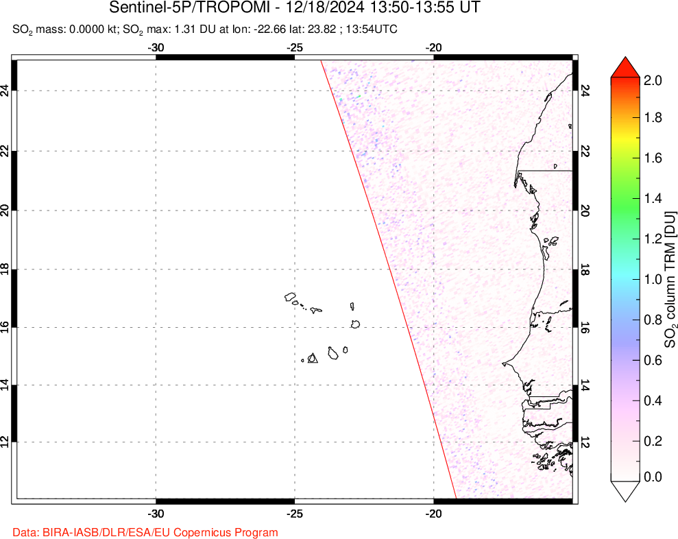 A sulfur dioxide image over Cape Verde Islands on Dec 18, 2024.