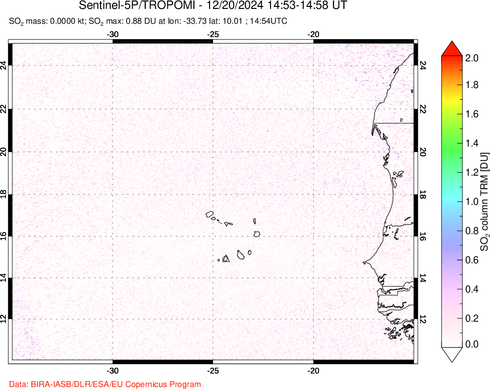 A sulfur dioxide image over Cape Verde Islands on Dec 20, 2024.