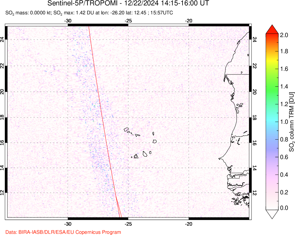 A sulfur dioxide image over Cape Verde Islands on Dec 22, 2024.