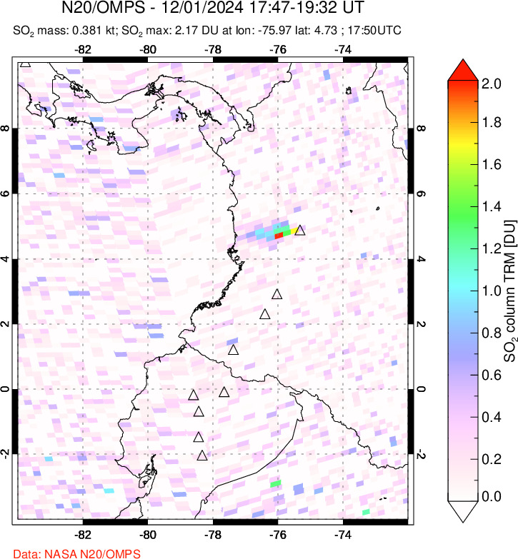 A sulfur dioxide image over Ecuador on Dec 01, 2024.