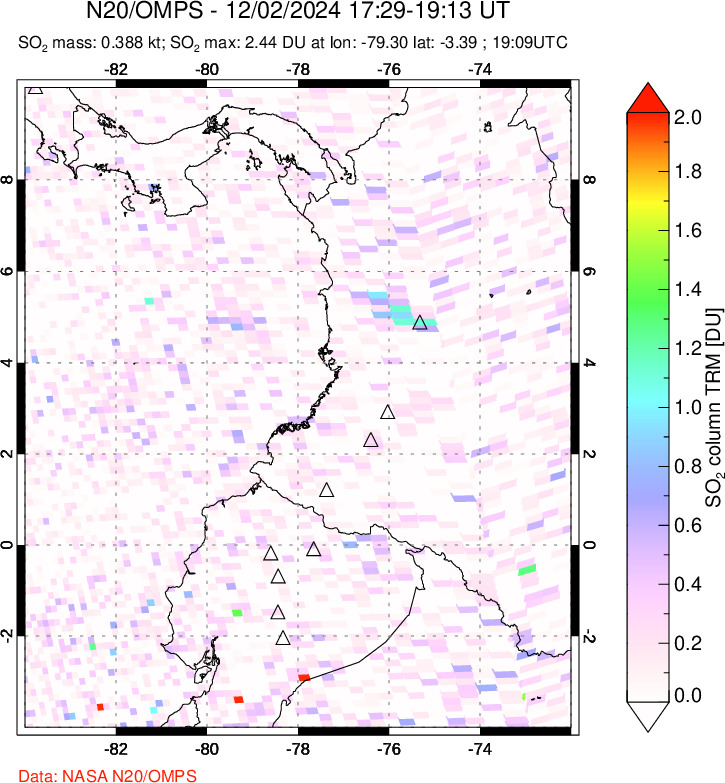 A sulfur dioxide image over Ecuador on Dec 02, 2024.