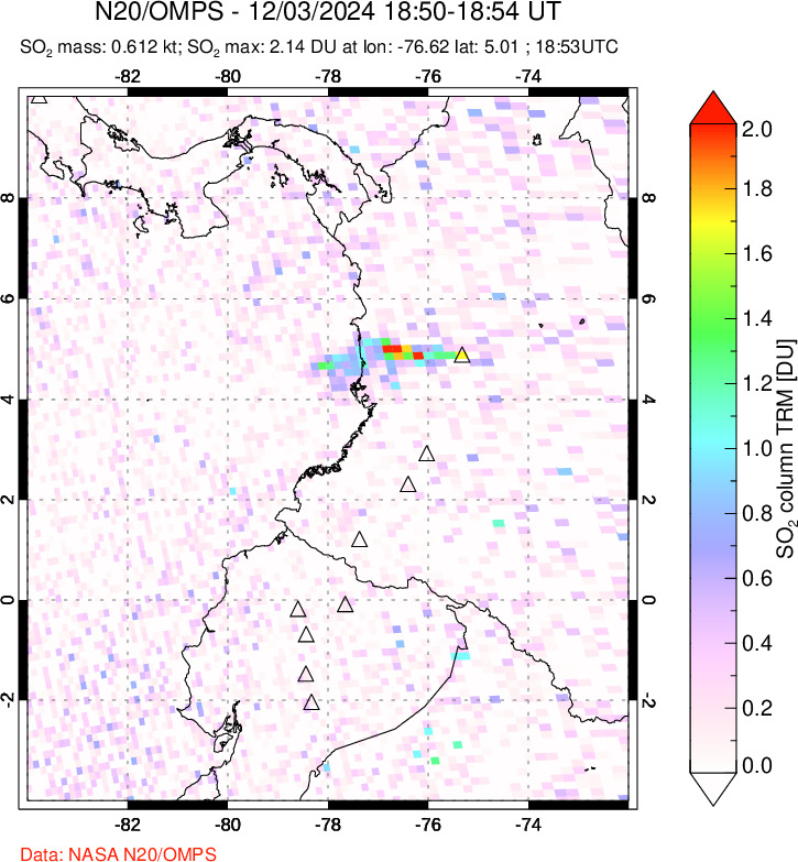 A sulfur dioxide image over Ecuador on Dec 03, 2024.