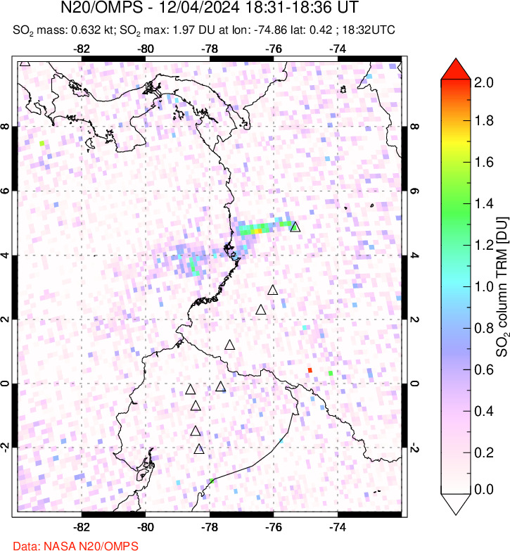 A sulfur dioxide image over Ecuador on Dec 04, 2024.