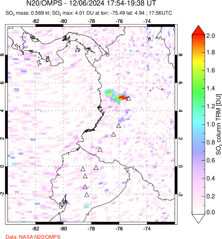 A sulfur dioxide image over Ecuador on Dec 06, 2024.