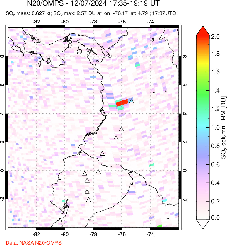 A sulfur dioxide image over Ecuador on Dec 07, 2024.