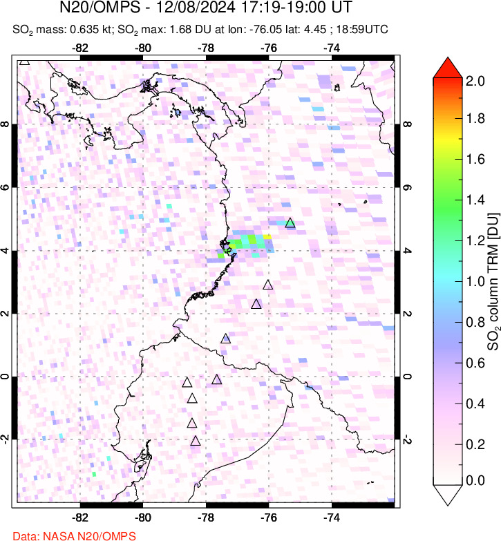 A sulfur dioxide image over Ecuador on Dec 08, 2024.