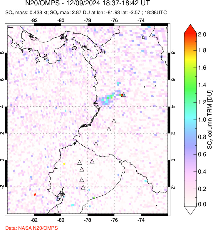 A sulfur dioxide image over Ecuador on Dec 09, 2024.