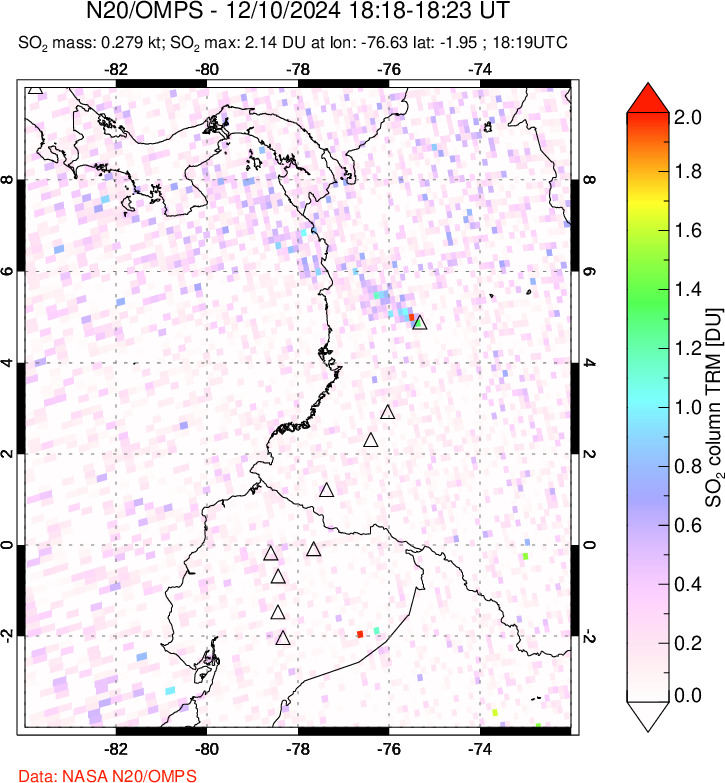 A sulfur dioxide image over Ecuador on Dec 10, 2024.