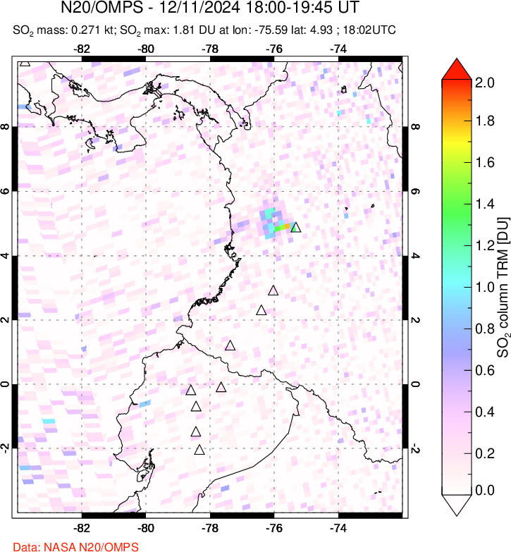 A sulfur dioxide image over Ecuador on Dec 11, 2024.