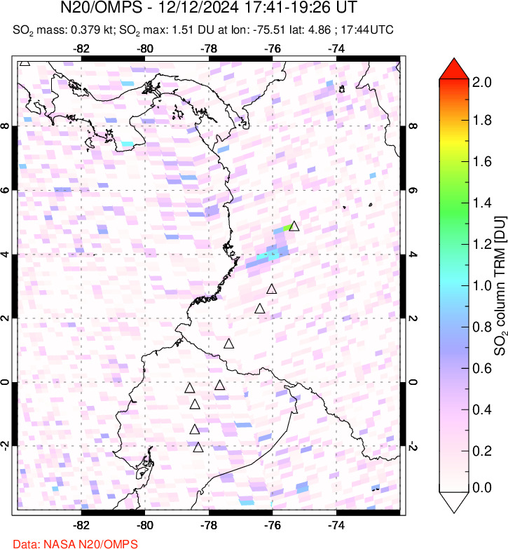 A sulfur dioxide image over Ecuador on Dec 12, 2024.