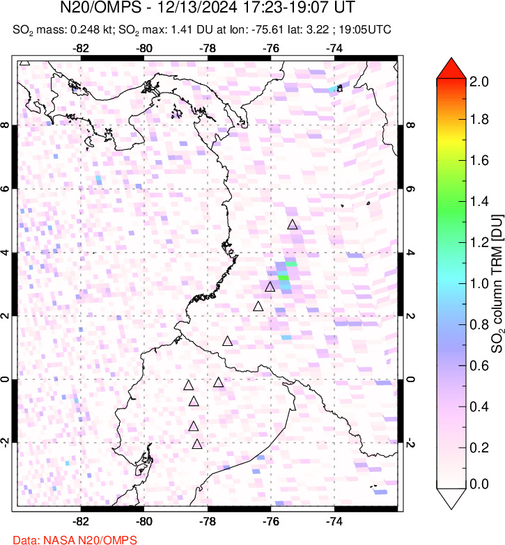 A sulfur dioxide image over Ecuador on Dec 13, 2024.