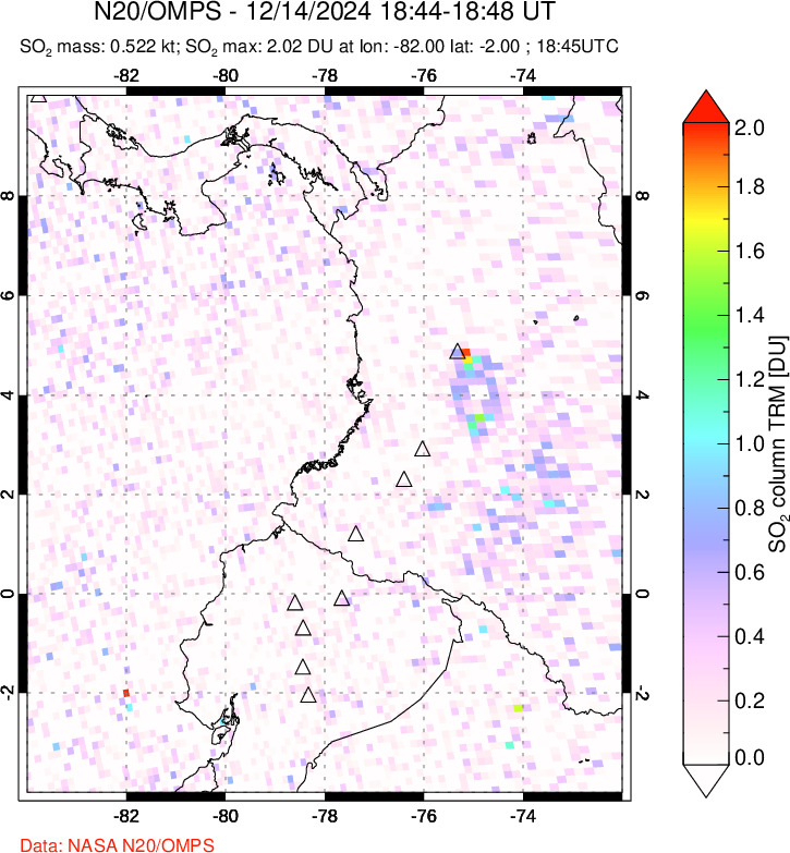 A sulfur dioxide image over Ecuador on Dec 14, 2024.