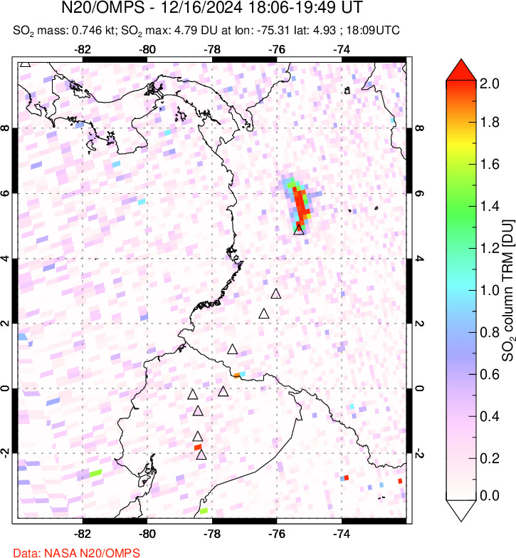 A sulfur dioxide image over Ecuador on Dec 16, 2024.