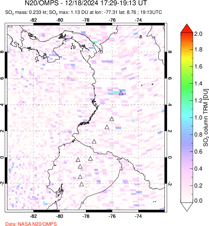 A sulfur dioxide image over Ecuador on Dec 18, 2024.