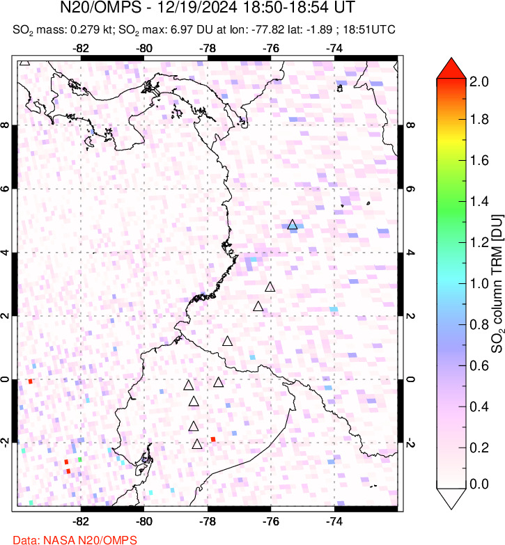 A sulfur dioxide image over Ecuador on Dec 19, 2024.