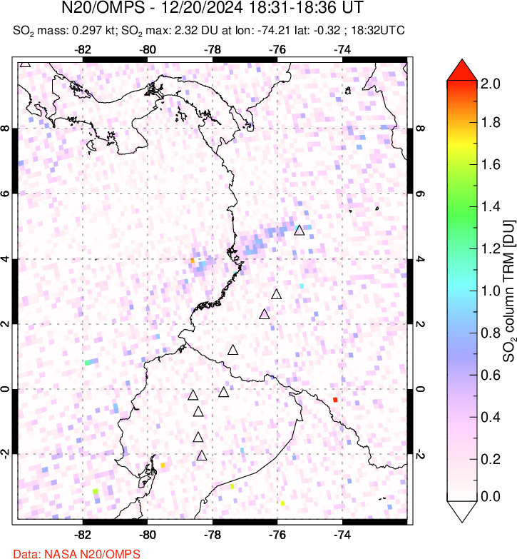 A sulfur dioxide image over Ecuador on Dec 20, 2024.