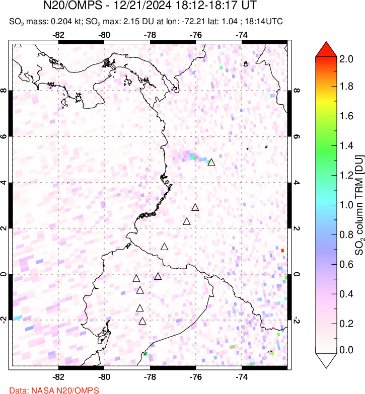 A sulfur dioxide image over Ecuador on Dec 21, 2024.