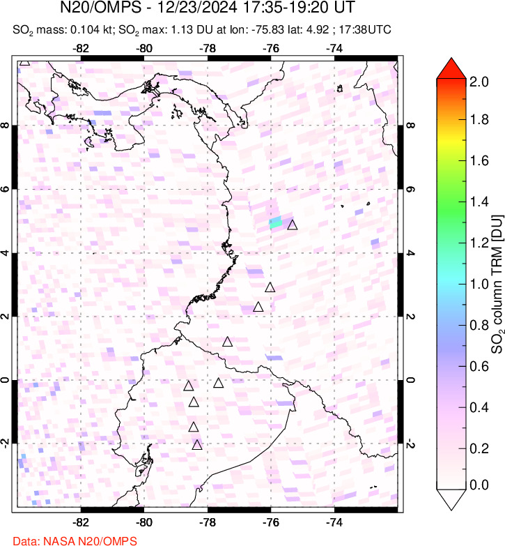 A sulfur dioxide image over Ecuador on Dec 23, 2024.