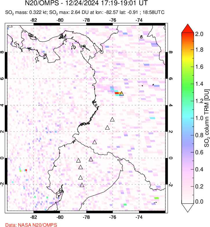 A sulfur dioxide image over Ecuador on Dec 24, 2024.