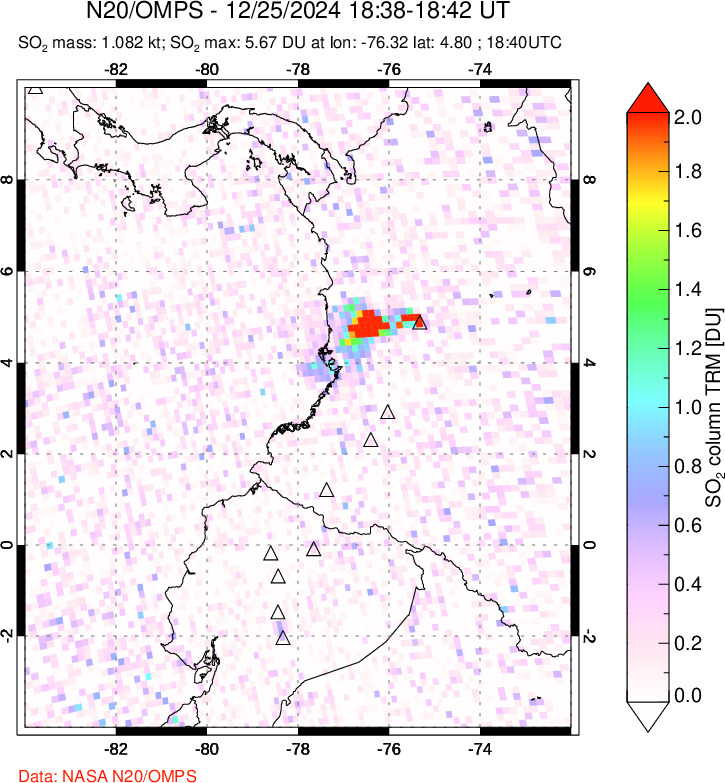 A sulfur dioxide image over Ecuador on Dec 25, 2024.