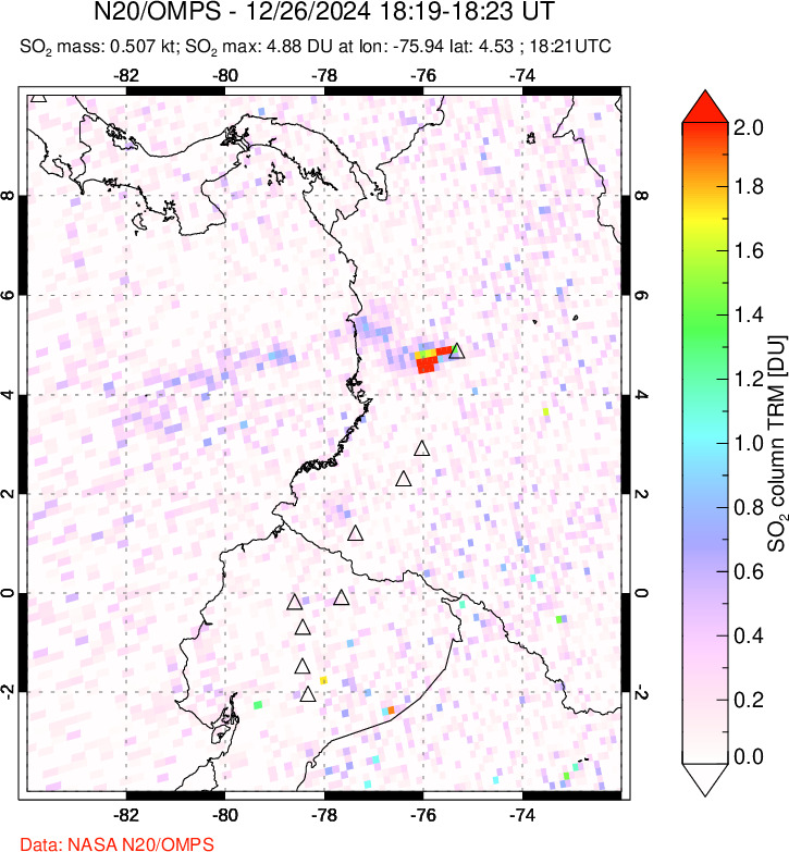 A sulfur dioxide image over Ecuador on Dec 26, 2024.