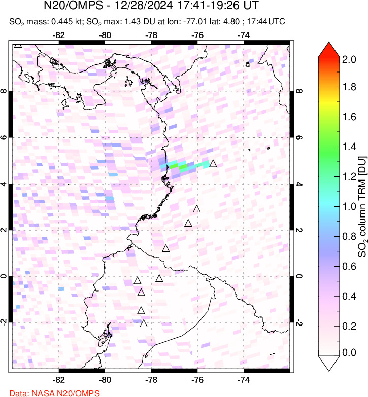 A sulfur dioxide image over Ecuador on Dec 28, 2024.