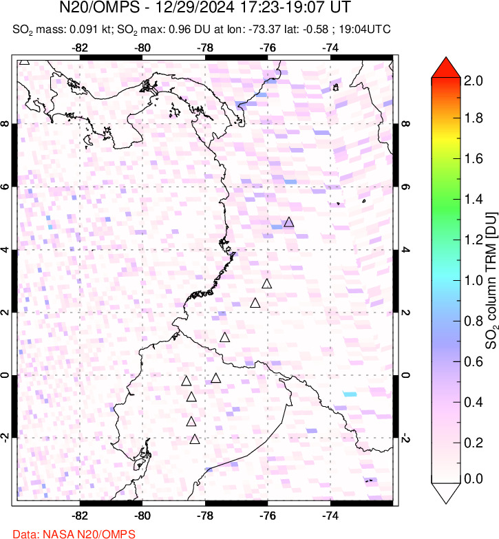 A sulfur dioxide image over Ecuador on Dec 29, 2024.