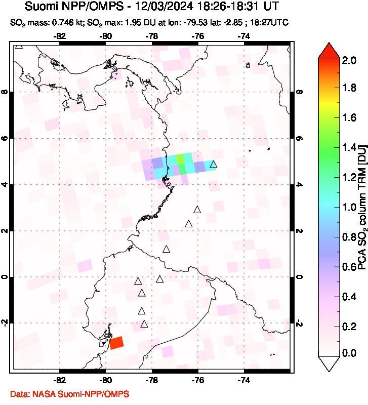 A sulfur dioxide image over Ecuador on Dec 03, 2024.