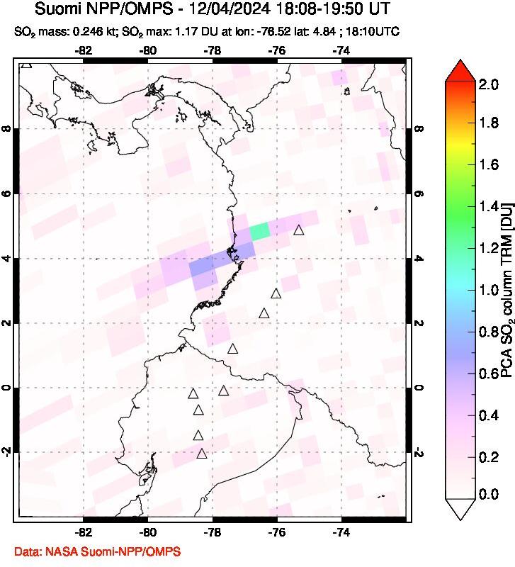 A sulfur dioxide image over Ecuador on Dec 04, 2024.