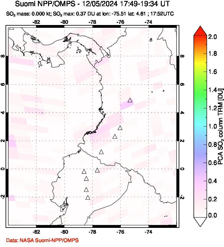 A sulfur dioxide image over Ecuador on Dec 05, 2024.