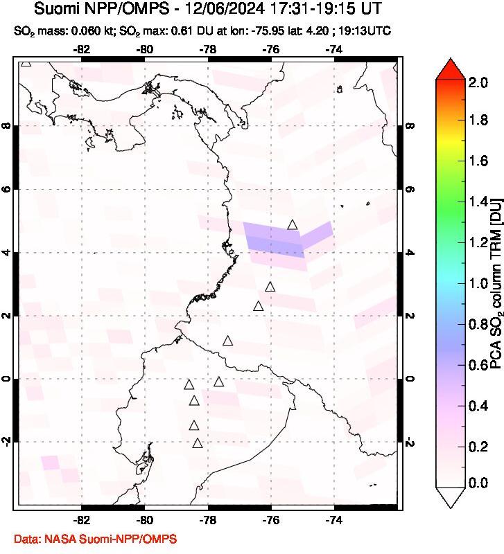 A sulfur dioxide image over Ecuador on Dec 06, 2024.