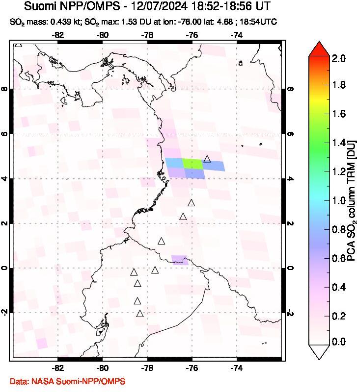 A sulfur dioxide image over Ecuador on Dec 07, 2024.