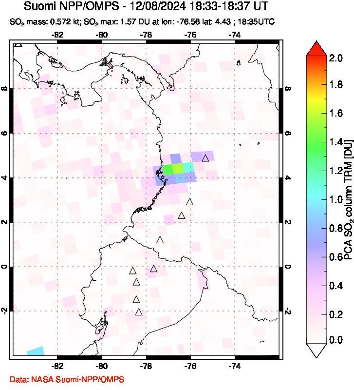 A sulfur dioxide image over Ecuador on Dec 08, 2024.