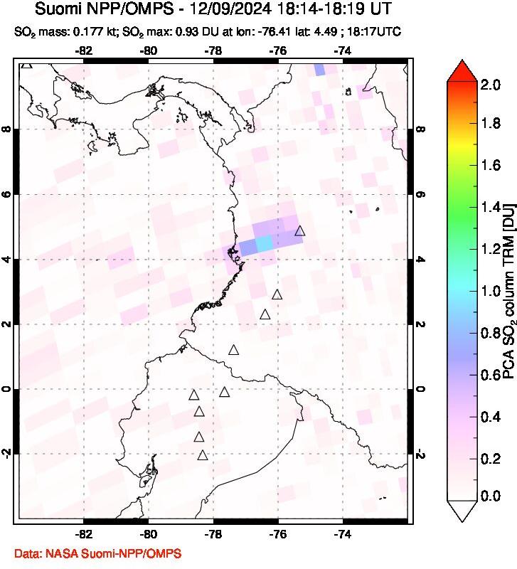 A sulfur dioxide image over Ecuador on Dec 09, 2024.