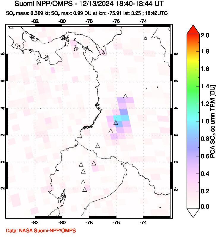 A sulfur dioxide image over Ecuador on Dec 13, 2024.