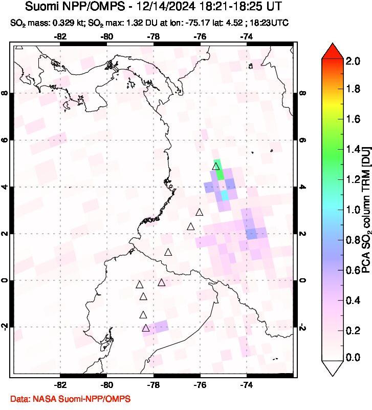 A sulfur dioxide image over Ecuador on Dec 14, 2024.