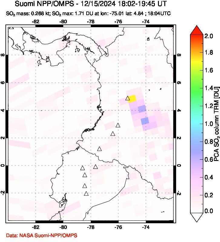 A sulfur dioxide image over Ecuador on Dec 15, 2024.