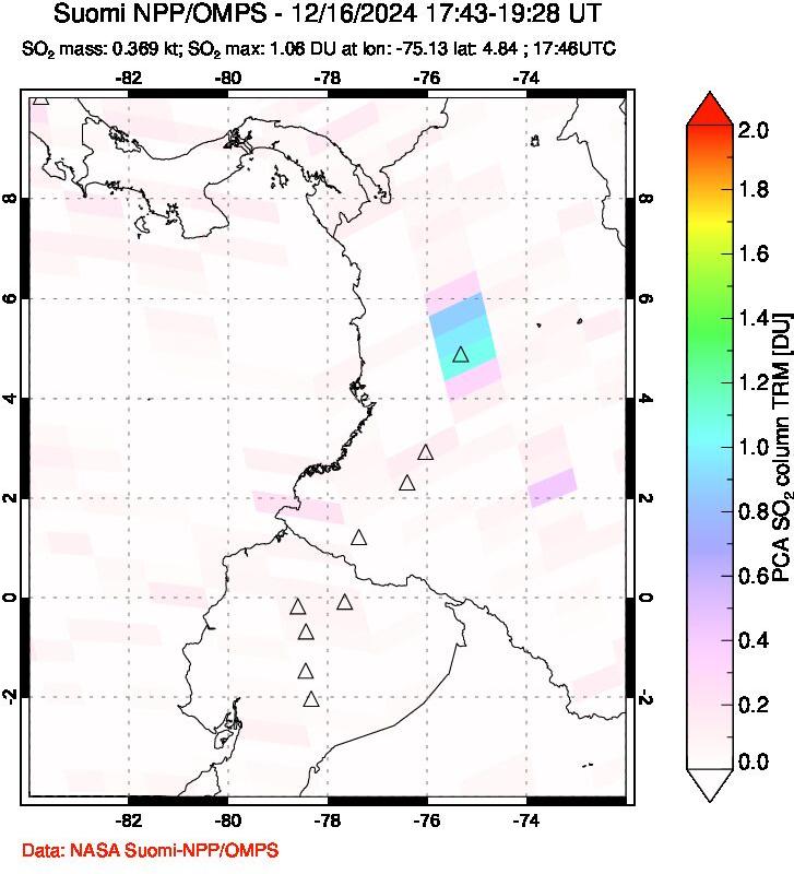 A sulfur dioxide image over Ecuador on Dec 16, 2024.