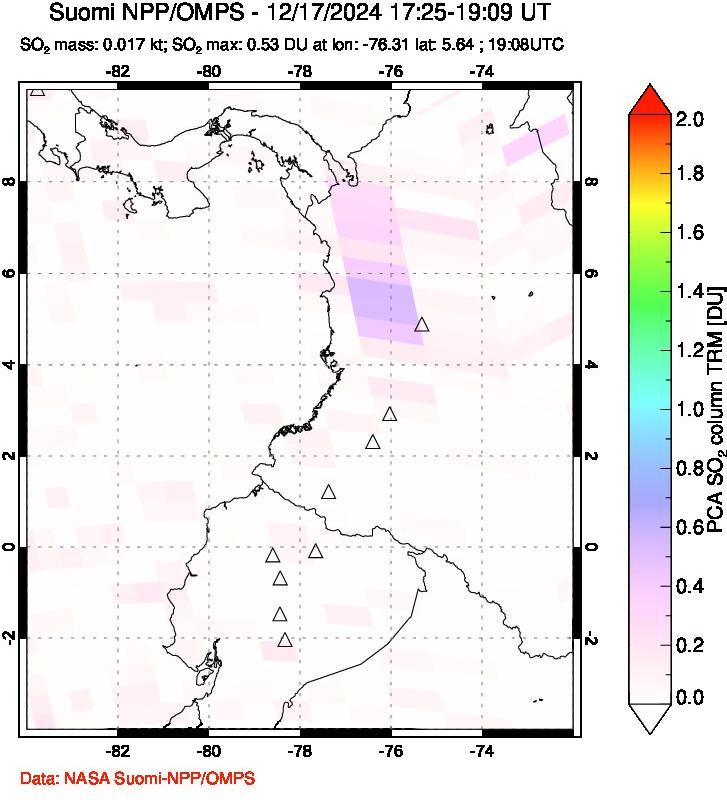 A sulfur dioxide image over Ecuador on Dec 17, 2024.