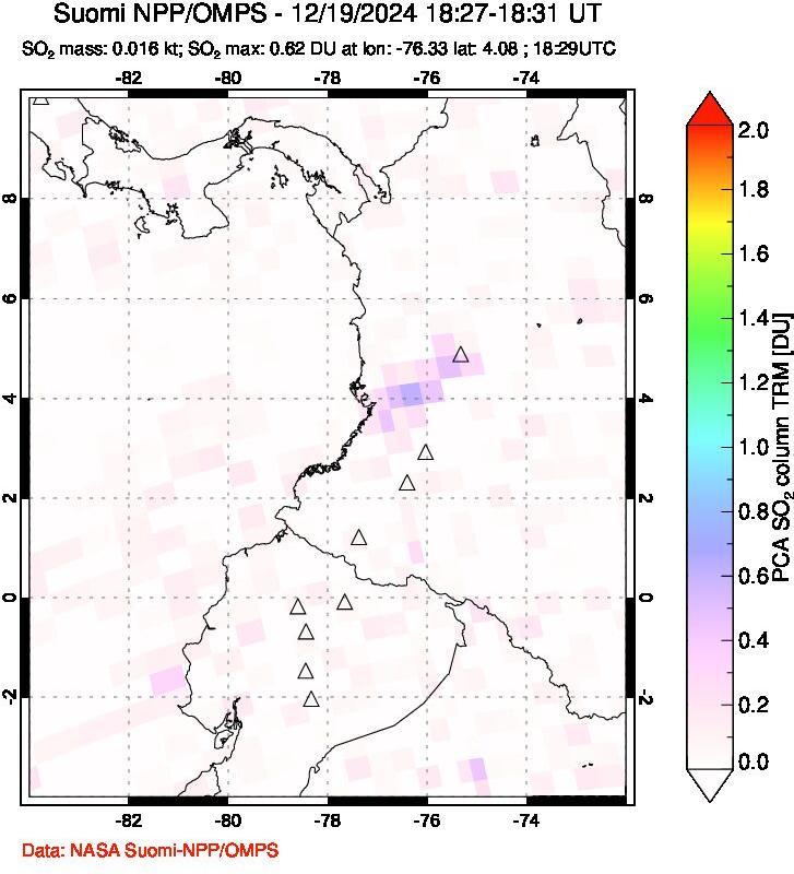 A sulfur dioxide image over Ecuador on Dec 19, 2024.