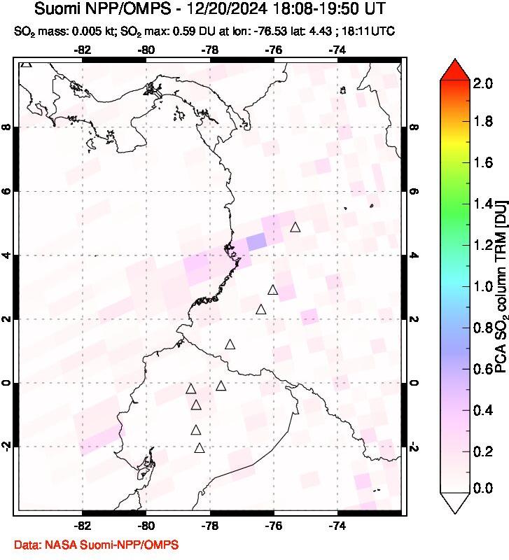 A sulfur dioxide image over Ecuador on Dec 20, 2024.